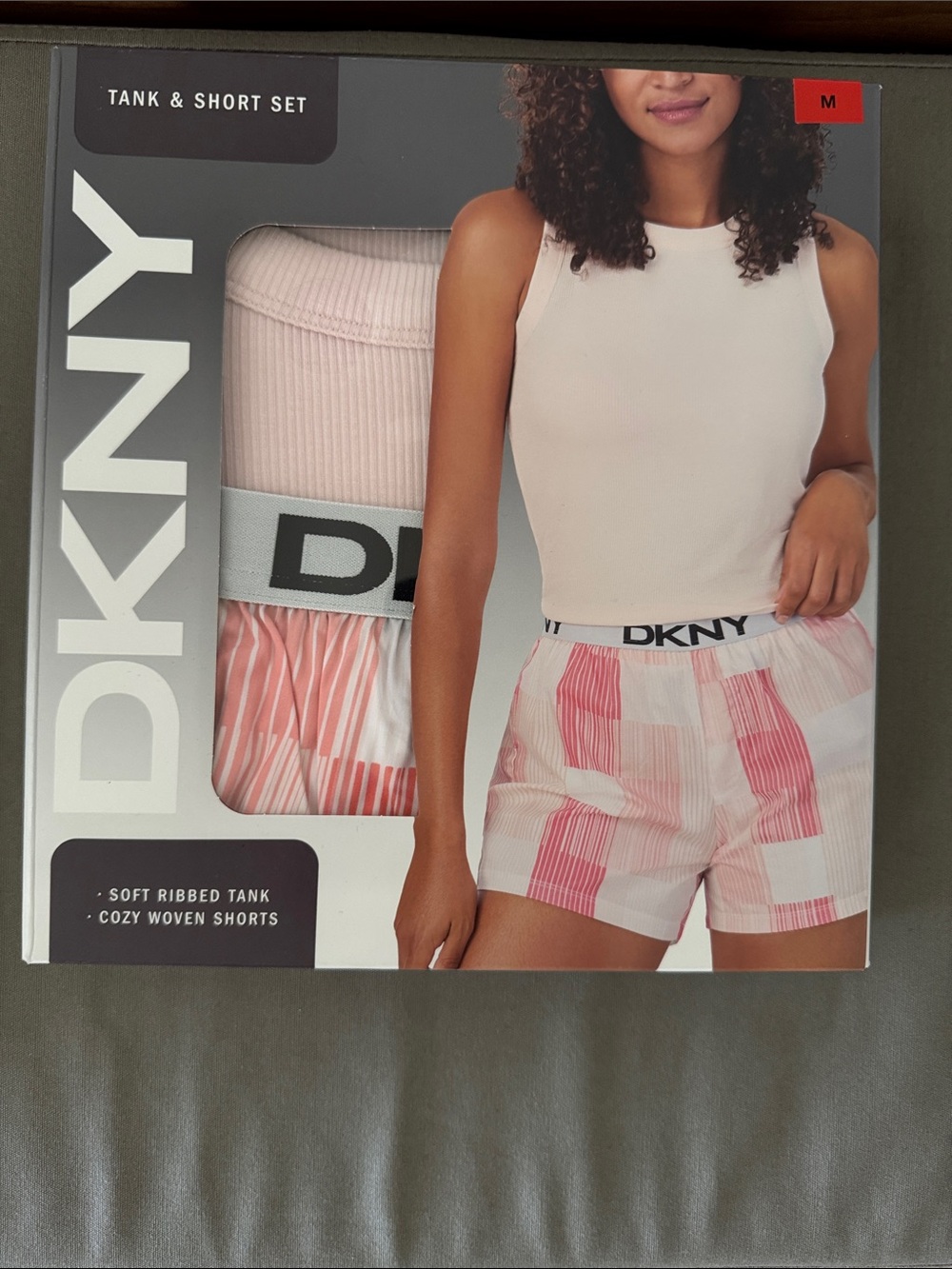 DKNY Pink & White Ribbed Tank with Patterned Shorts Set